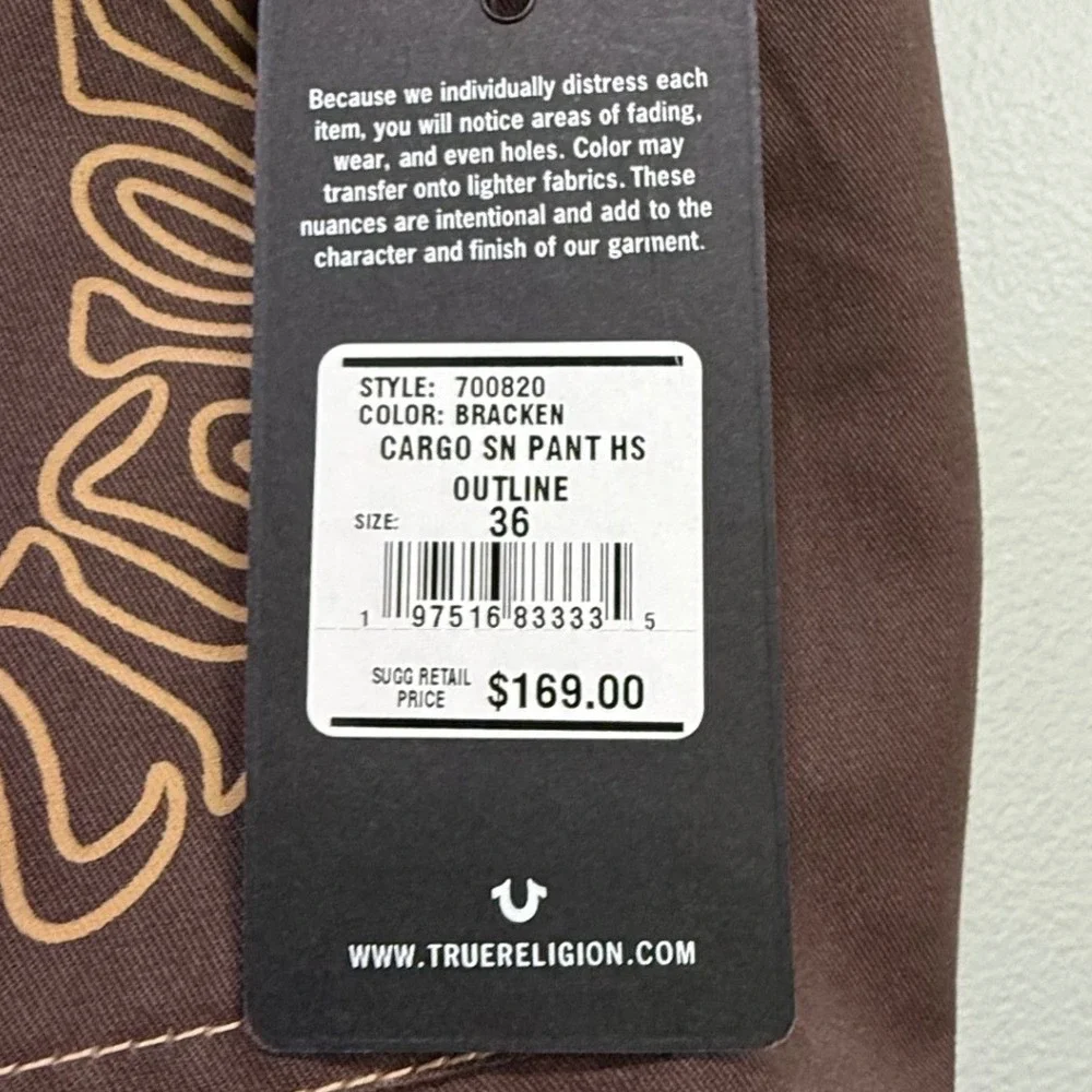 True Religion Mens Cargo SN Pant HS Outline Bracken Brown 700820 Size 36 NWT